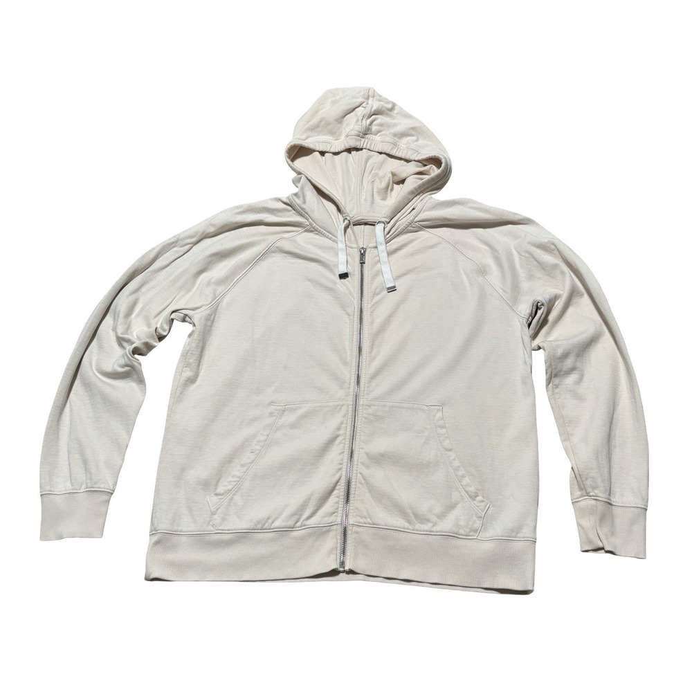Athleta Women's Full Zip Hoodie Beige Oversized Size Large *stained* 22.5 x 27
